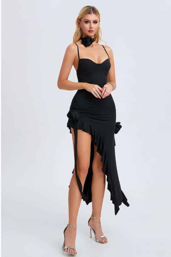 Black Ruffled Slit Midi Knit Dress