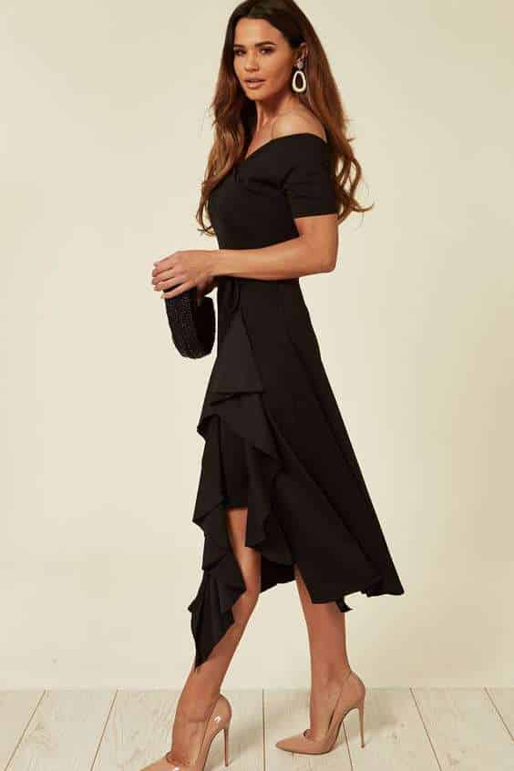 Exclusive Bardot Off Shoulder Frill Midi Dress Black by Fever fish