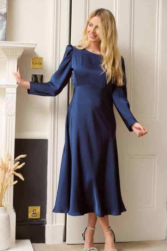 Blair Long Sleeve Satin Midi Dress - Navy Blue