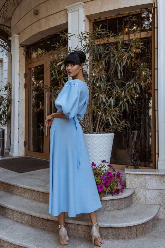 Sky Blue wrap linen midi dress wedding guest - mother of the bride - homecoming dress