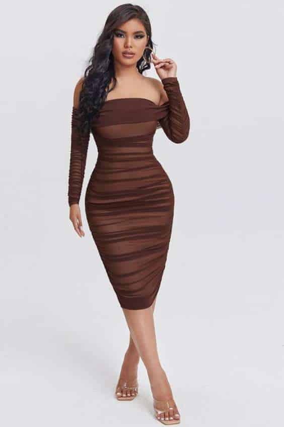 Ruched Off Shoulder Mesh Bodycon Dress