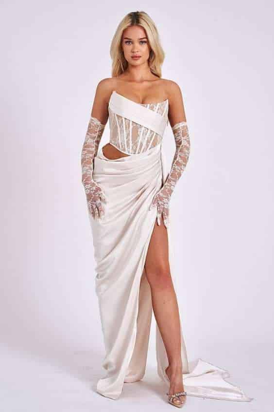 Callie White Lace Satin Corset High Slit Gown