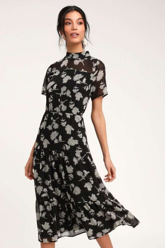 Floral Dressed Up Black Floral Print Midi Dress