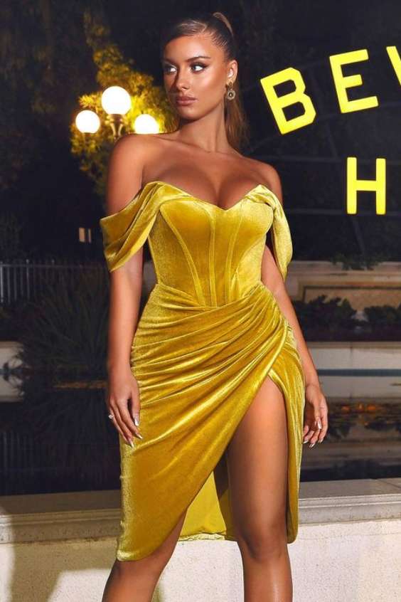 Gold Velvet Off Shoulder Corset Dress