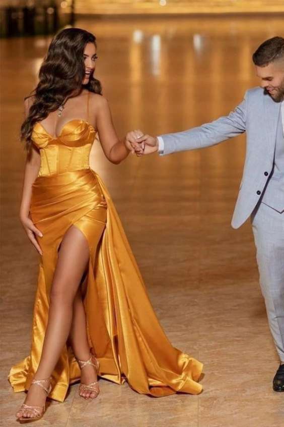 Sexy Gold Spaghetti Strap Sweetheart Corset Top Mermaid Side-slit Long Prom Dress