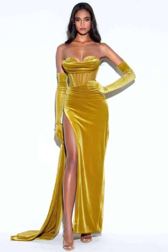 Octavia Gold Draping Crystal Corset High Slit Velvet Gown