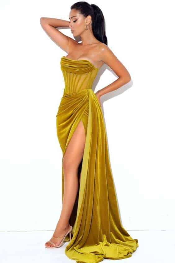 Gold Draping Corset High Slit Velvet Gown