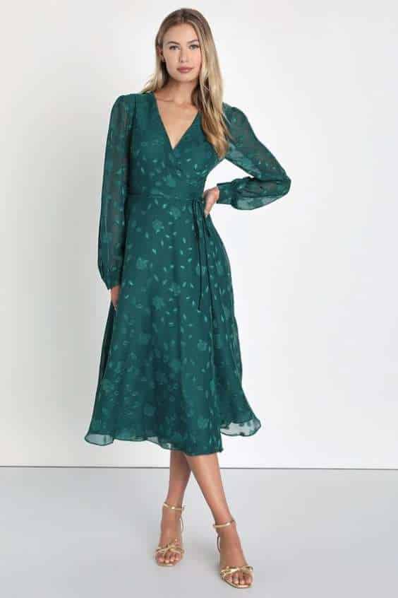 Evening of Elegance Emerald Green Floral Jacquard Wrap Dress