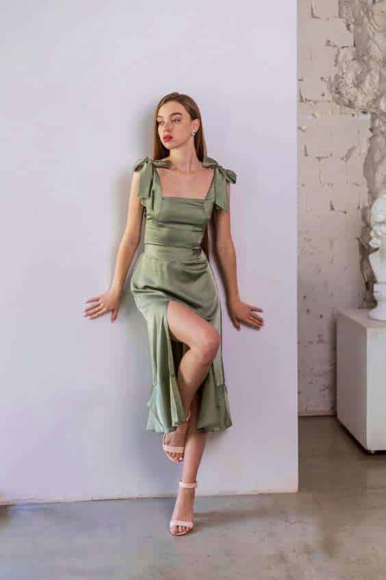 Alexa dress Pale olive dress Olive bridemaid's silk dress midi with slit Satin olive dress square neck Midi silk wedding green dress