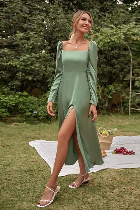 Beautiful A-Line Square Neck Long Sleeve Sage Green Prom Dresses Bridesmaid Dresses
