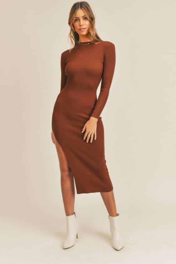 Brown Long Sleeve Midi Sweater Dress With High Side Slit