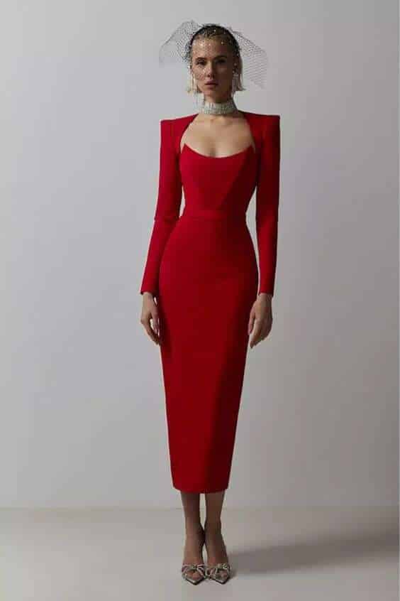 Gianna Long Sleeve Midi Dress - Red