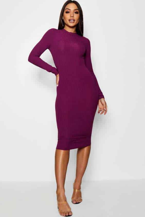 Womens Basics Ribbed High Neck Long Sleeved Midi Dress - Purple