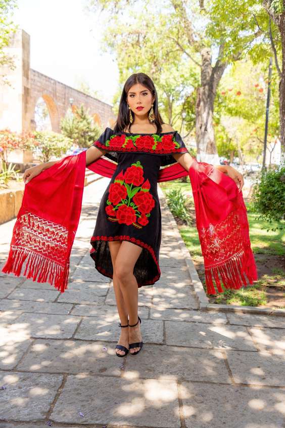 Mexican Embroidered Dress - mexican embroidered dress Black with Ref Floral