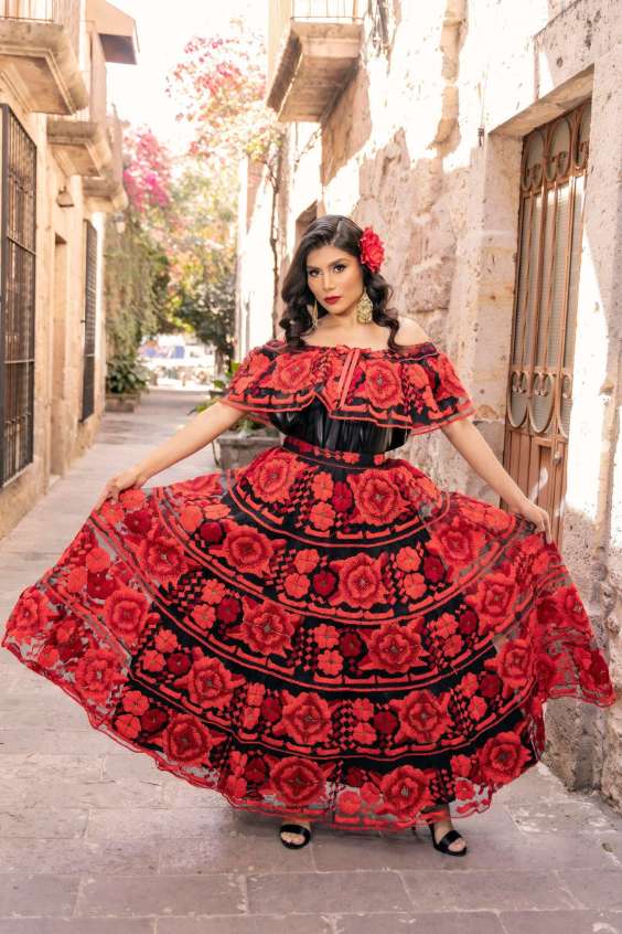 Mexican Embroidered Dress - Red and Black fiesta mexican Embroidered dresses