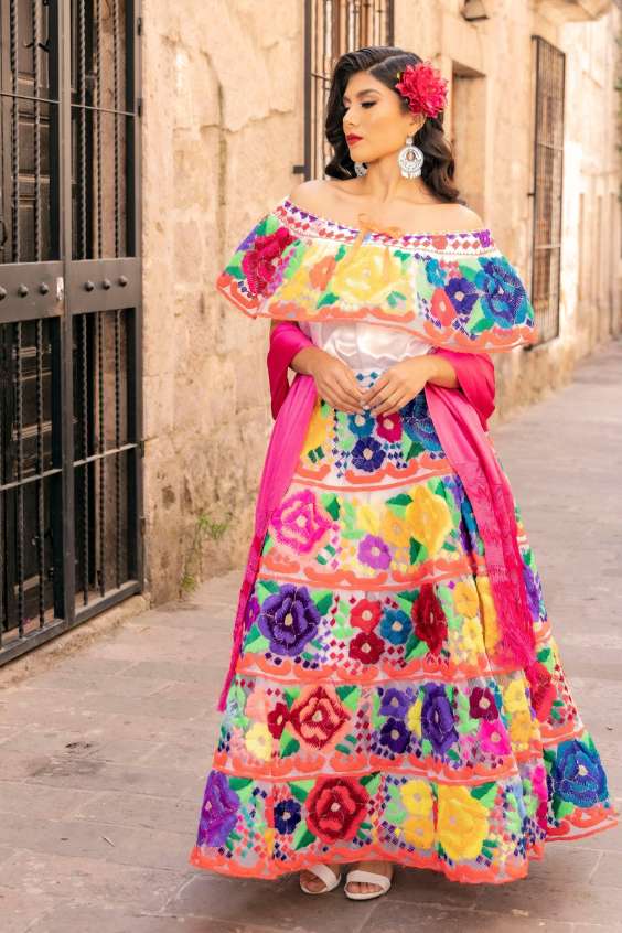 Mexican Embroidered Dress - Colorful michoacan traditional mexican Embroidered dress