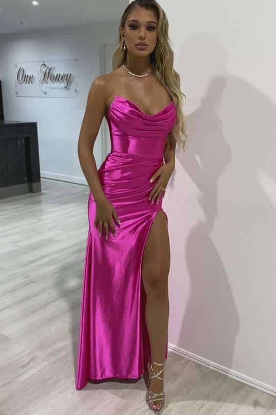 Honey Couture SHARYN Hot Pink Silky Corset Bustier Strapless Mermaid Formal Dress 