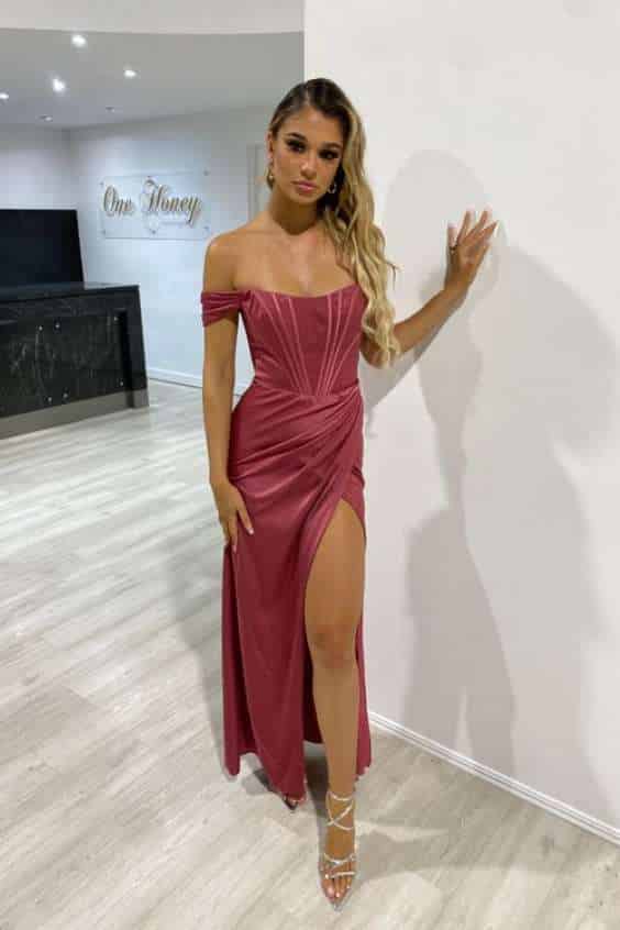 Honey Couture TYRA Soft Pink Corset Bustier Leg Split Formal Dress