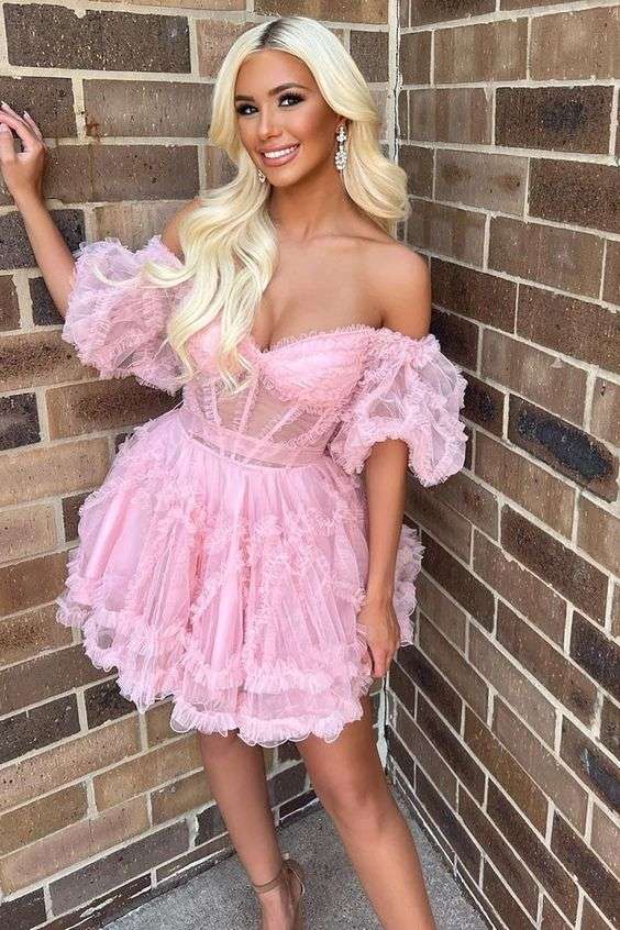 Cute A Line Off the Shoulder Pink Tulle Corset Homecoming Dress