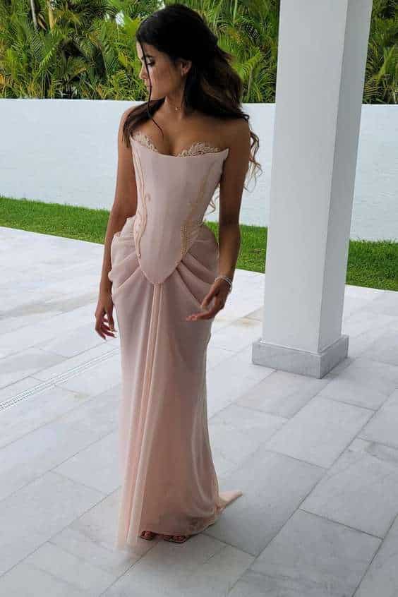Blush Pink Nude Chiffon Sheer Mesh Corset High Slit Crystal Lace Wedding Gown Dress Formal Prom
