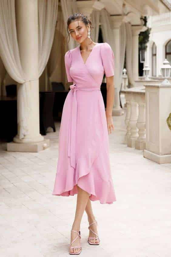 Dusty Pink Wrap Short Sleeve Midi Dress