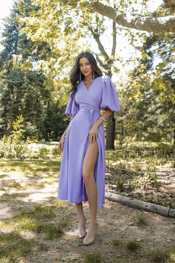 Lavender Puff Sleeve Midi Dress