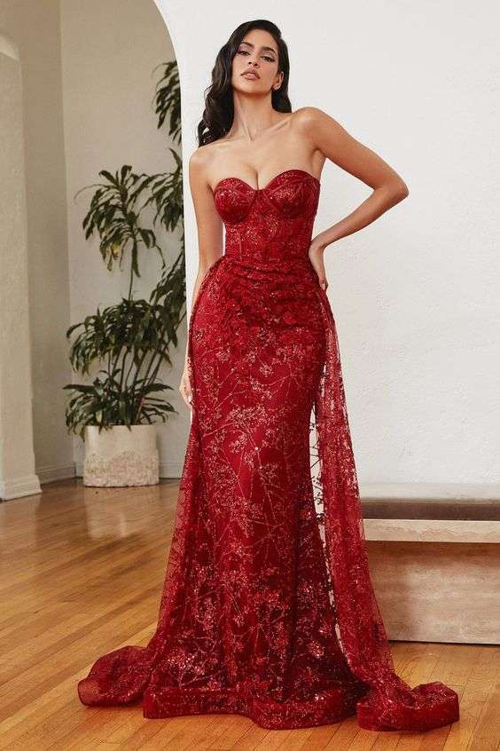 Floral Applique Strapless Fitted Gown