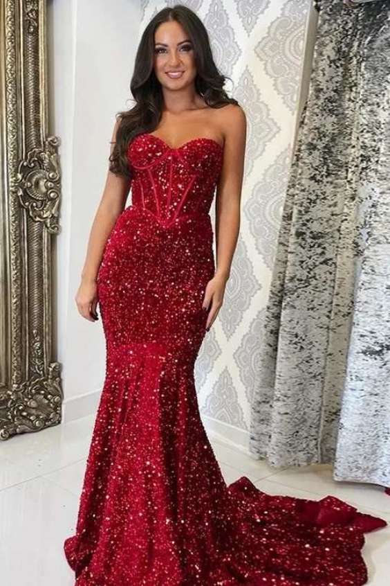 Red Sequin Corset - Top Mermaid Long Prom Gown