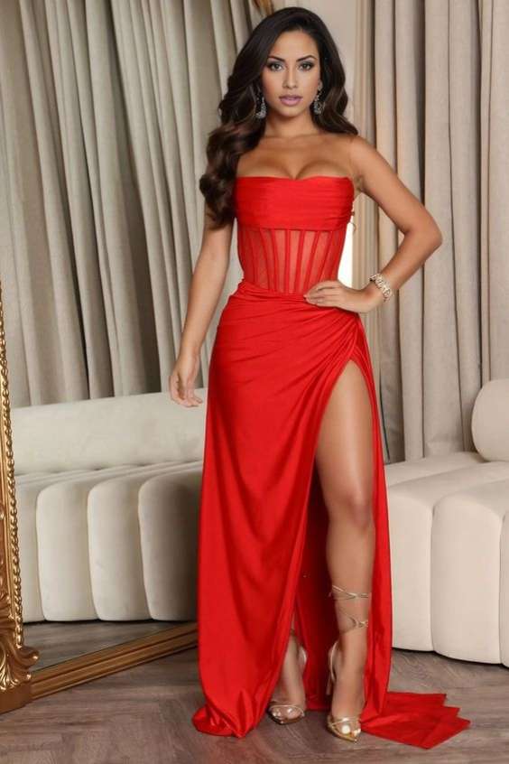 TILLEE - Strapless Corset Red Formal Dress
