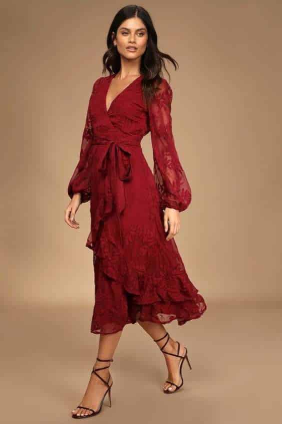 Spectacular Feeling Burgundy Embroidered Faux Wrap Midi Dress