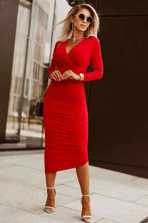 Red Wrap Sheath Midi Dress