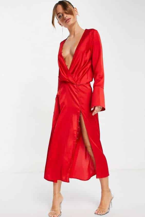 ASOS DESIGN Satin bias cut drape midi dress with button detail in red