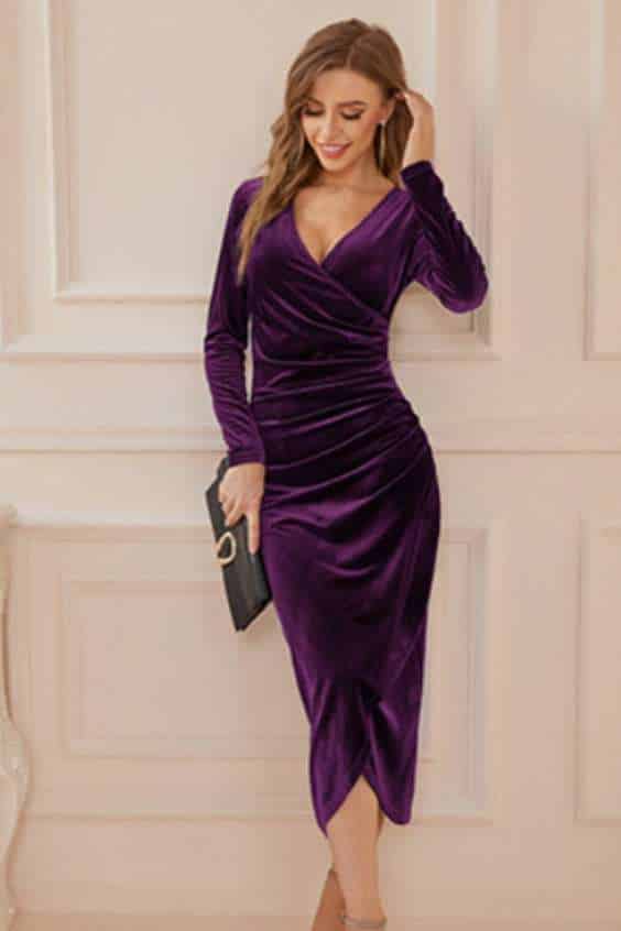 Elegant Long Sleeve Ruched Velvet Bodycon Midi Dress