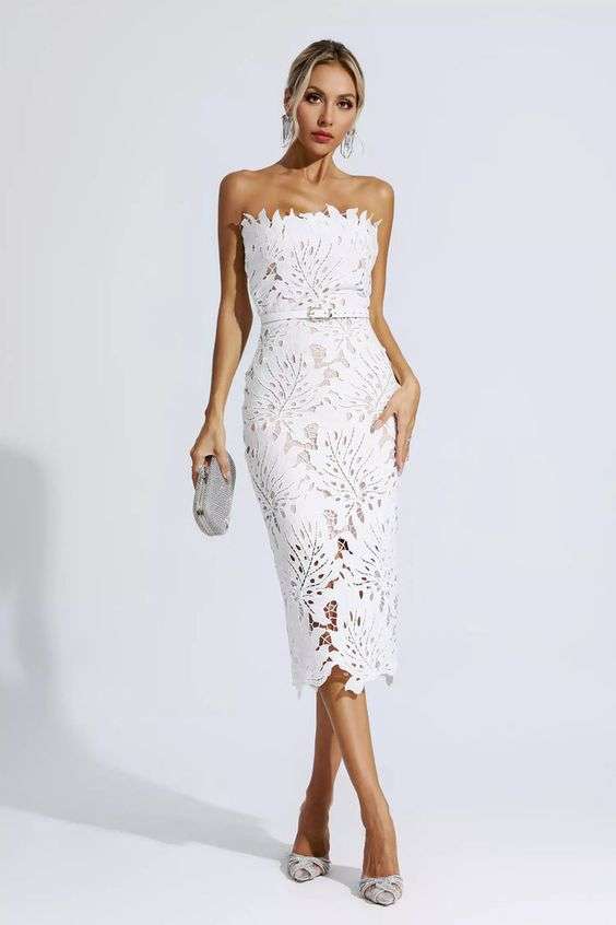 White Floral Lace Midi Dress