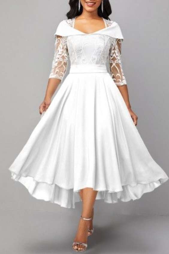 White Prom Dress Midi Party Dress Casual Wedding Dress ROTITA Lace Patchwork White X Shape Midi Dress