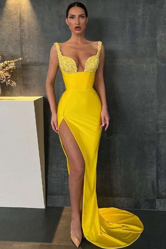 Stretch Crepe Sequin V-neck Sleeveless Yellow Prom Dresses Long