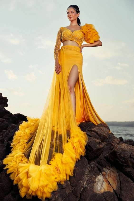 Front Slit Waist Cutout Gown - Yellow - Sequin - Italian Tulle - Illusion Neckline - Asymmetric