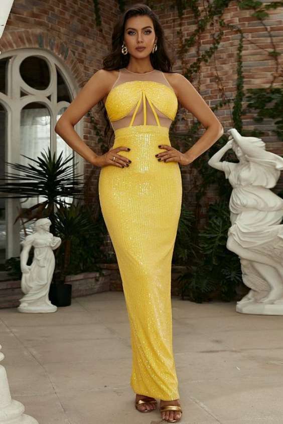 Cutout Corset Yellow Maxi Sequin Prom Dress