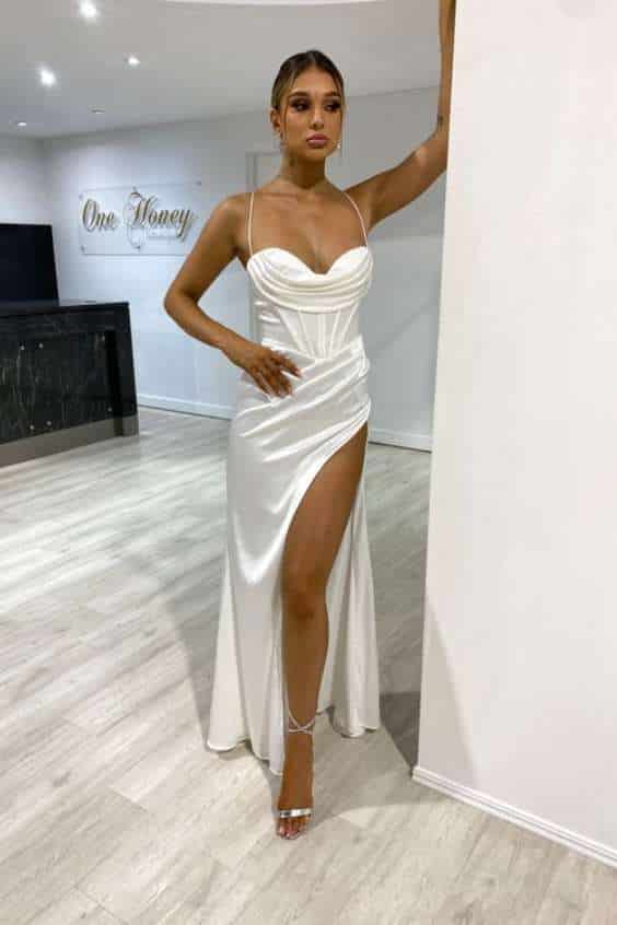 white corset dress - Honey Couture ZENDAYA Satin Corset Bustier Leg Split Formal Dress
