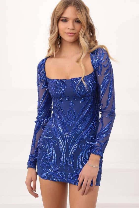 Giulia Sparkling Square Neck Dress in Royal Blue Sequins