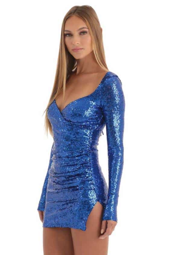 Anahi Sequin Long Sleeve Dress in Blue