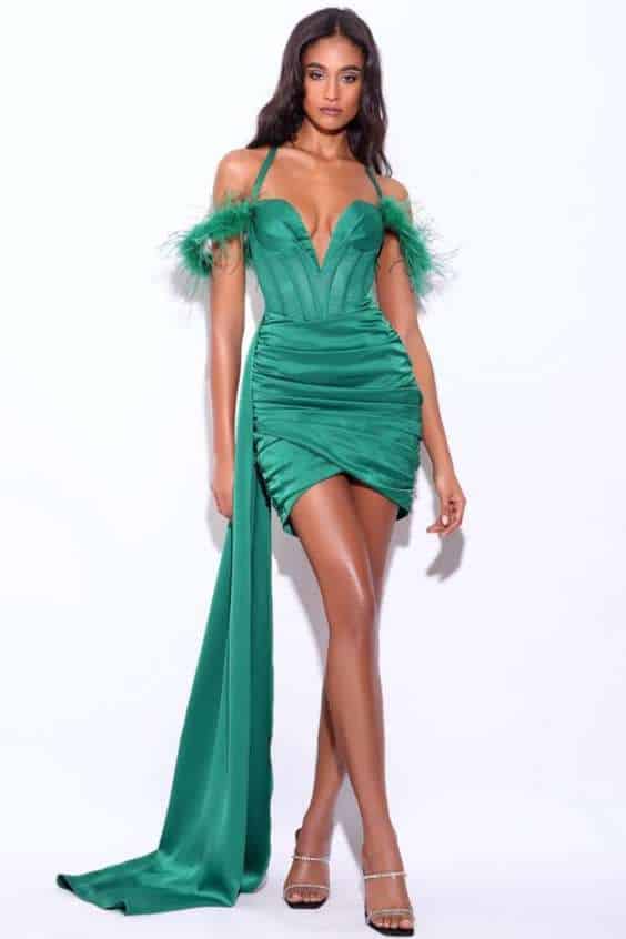 Green Corset Dress - Wilma Emerald Green Satin Corset Draping Dress with Feather Strap
