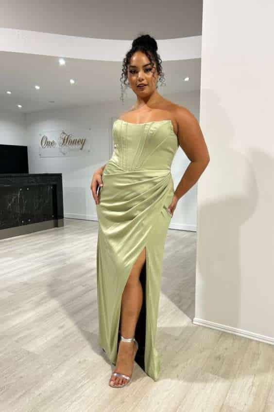 Green Corset Dress - Honey Couture TYRA Sage Green Corset Bustier Leg Split Formal Dress