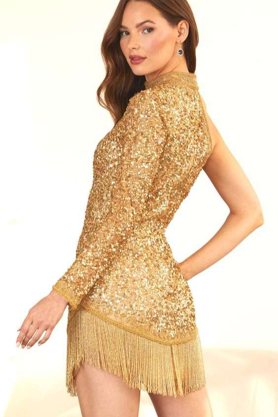 long sleeve FRINGE DRESS - Golden long sleeve sequin fringe dress
