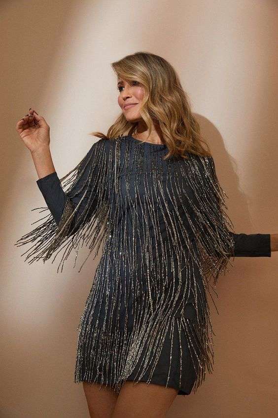 long sleeve FRINGE DRESS - grey long sleeve sequin fringe dress