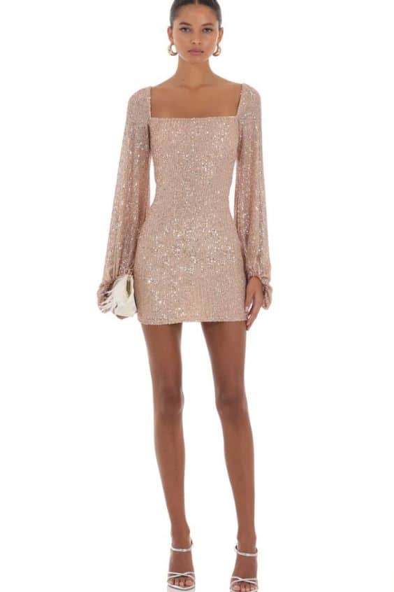 Shantelle Sequin Long Sleeve Dress in Champagne