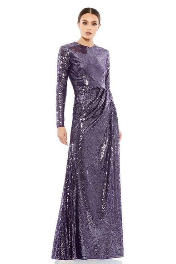 Women's Sequined High Neck Long Sleeve Draped Gown