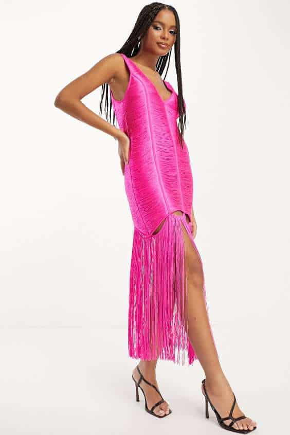Pink FRINGE DRESS - long pink fringe dress