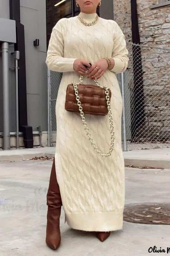 Olivia Mark - Plus Size Cable Knit Long Sleeve Slit Hem Sweater Dress