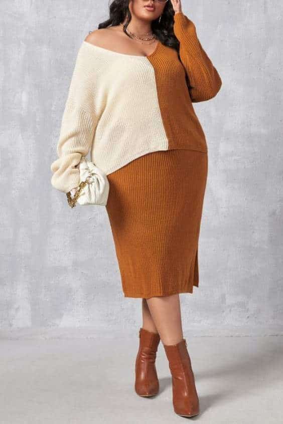 Plus Two Tone Drop Shoulder Sweater & Split Hem Knit Skirt